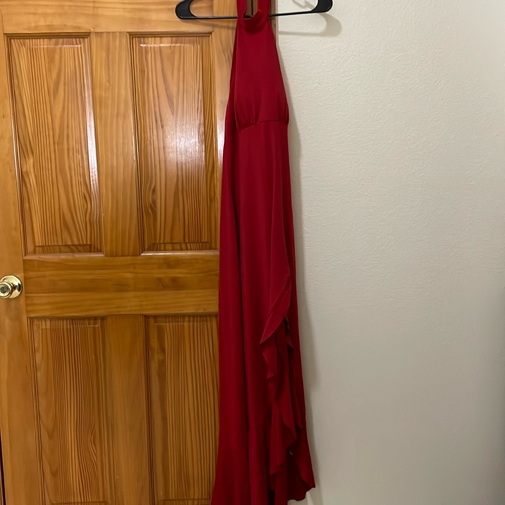 Button halter backless asymmetric ruffle split hem maxi resort dress